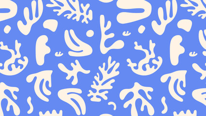 Colorful seamless floral pattern in a wavy naive aesthetic featuring tropical plants, simple flowers, and retro-inspired elements for art prints, textiles, and vacation themes.