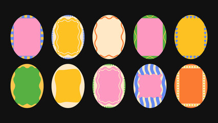 Vector set of minimal abstract backgrounds with bright bold tones and playful wavy lines in a naive groovy style, featuring hand drawn frames and decorative borders 