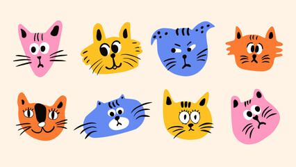 Vector set of funny pet characters, including playful dogs and curious cats, illustrated in trendy flat linear style, perfect as mascots, stickers, or badges for social media and branding.