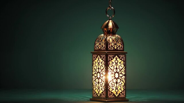 Ornate lantern with candlelight on green background  islamic elegance and calm ambiance