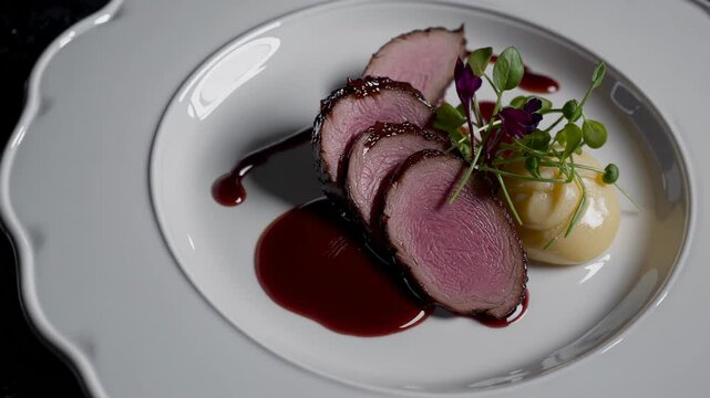 Gourmet sliced duck breast with berry sauce and puree on elegant plate in fine dining setting
