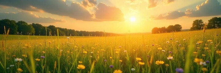 Serene landscape of a sun-drenched meadow, bathed in golden light, evokes a sense of spiritual peace and tranquility  Perfect for concepts of divinity, nature, and spiritual awakening , holy, flora