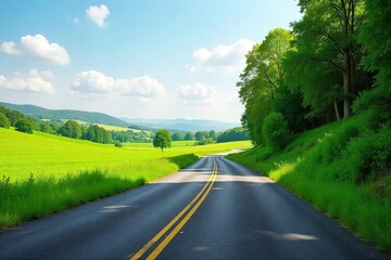 A winding asphalt road stretches through a picturesque landscape, flanked by lush green fields and towering trees, evoking a sense of journey and family adventure ,  country road,  highway