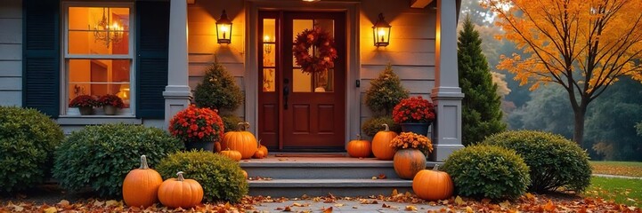 A charming front porch decorated for autumn with pumpkins, fall foliage, and warm lighting creates a welcoming ambiance Perfect for seasonal home decor inspiration , november, corn stalks, welcoming