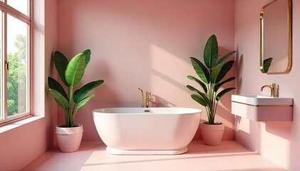 A chic, millennial pink bathroom with a freestanding tub, gold fixtures, and lush greenery  Perfect for home decor, interior design, and lifestyle blogs ,  pink tiles,  freestanding tub