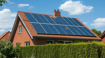 Fototapeta premium The image shows a modern house with solar panels on the roof.