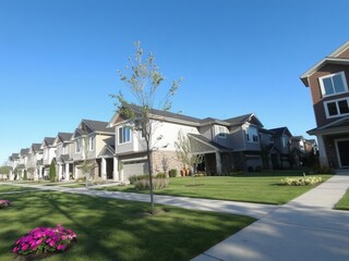 Fototapeta premium Row of suburban houses with green lawns and clear blue sky on a sunny day in a residential area