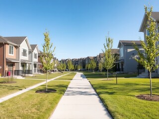 A residential street with houses on either side and trees lining the walkway on a sunny day