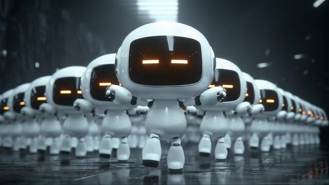 Futuristic dancing robots performing synchronized moves in a clean white environment, glossy surfaces, LED face displays, smooth loops, advanced AI theme, 3D animation, minimalistic sci-fi look