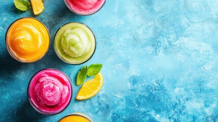 Summer concept - colorful slush drinks, vacation vibe, top view