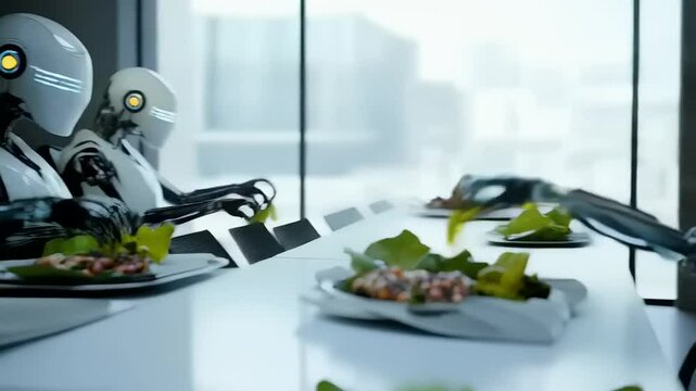Future dining: Robots enjoy nutritious meals in bright modern atmosphere