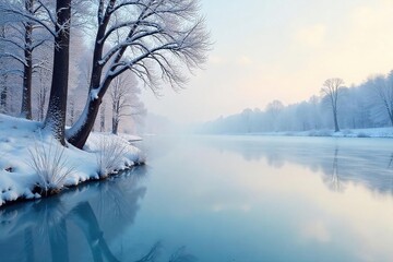 Frozen lake reflecting a pale winter sky, icy branches reaching towards the heavens  Perfect for winter themes, cold landscapes, and serene backgrounds ,  grey,  branches,  calm