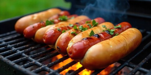 Juicy hot dogs grilling on a barbecue, sizzling and smoking over hot coals Perfect summer food, ready to eat with all the fixings Delicious and satisfying meal , delicious, party, comfort food
