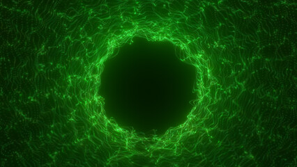Vibrant green energy tunnel composed of pixelated digital waves forming a hollow circular space
