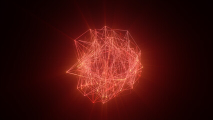 Abstract red glowing sphere composed of floating polygonal shapes, radiating light from the center