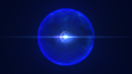Futuristic glowing energy sphere emitting radiant blue light on a dark background, with lens flare effects and soft gradient edges