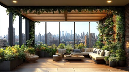 Fototapeta premium Luxury Rooftop Garden Oasis with City Skyline View