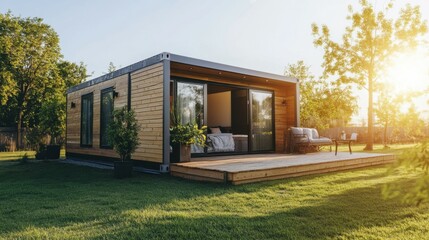 Modern shipping container house home, tiny house in sunny day. Shipping container houses is sustainable, eco-friendly living accommodation or holiday home