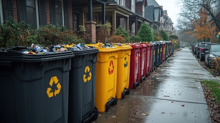 Fototapeta premium Recycling Day on a Rainy Street: Colorful Bins and Residential Houses