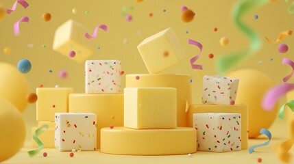 Buttercream surface filled with confetti, cube gifts, and festive streamers laid out playfully for a bright and modern celebration vibe