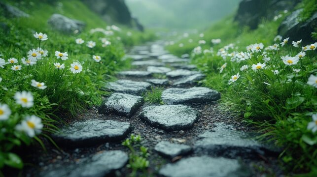 Misty Mountain Path: A Serene Stone Walkway - Powered by Adobe
