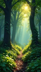 Sun-dappled forest floor, lush green undergrowth, ancient trees casting long shadows Perfect for nature, fantasy, or fairytale themes , forest, mossy