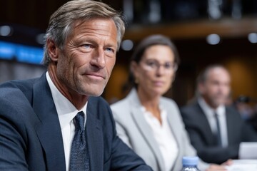 A confident man sits at a formal hearing, showcasing professionalism and determination, as he prepares to articulate his point amidst serious discussions and deliberations.