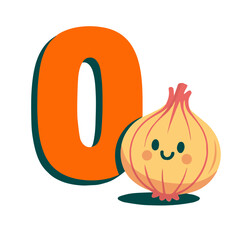 Uppercase Letter O with Cute Onion – Fruits and Vegetables Alphabet in Retro Pop-Art Style