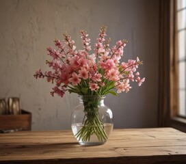 Spring blooms in a glass vase, illuminated by a warm lamp, atop a rustic wooden table ,  home,  nature