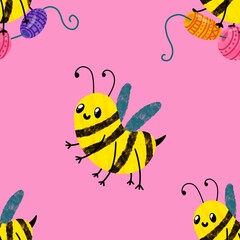 Kids seamless bee pattern for fabrics and packaging and gifts and cards and linens and wrapping paper