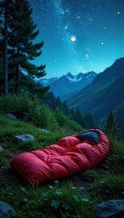 A cozy sleeping bag nestled amongst lush greenery, ready for a night under the stars  Perfect for camping, hiking, and outdoor adventures ,  camping,  gear,  valley