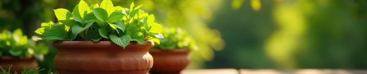 A rustic terracotta pot sits outdoors, overflowing with lush green plants, bathed in warm sunlight  Perfect for gardening, landscaping, and home decor themes ,  home decor,  close up,  lush foliage