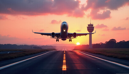 Naklejka premium Airplane landing on runway at sunset with control tower in background 