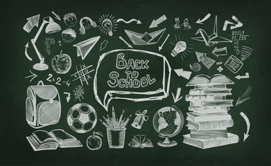 Welcome back to school horizontal banner, chalk drawing on school board, vector illustration. Handmade, not AI Vector illustration.