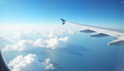 Obraz premium Aerial view of airplane wing above clouds during international flights 