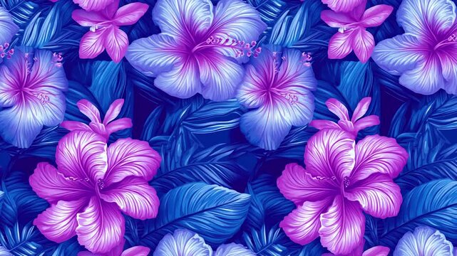 Blue and Purple Hibiscus Floral Looped Animation Background