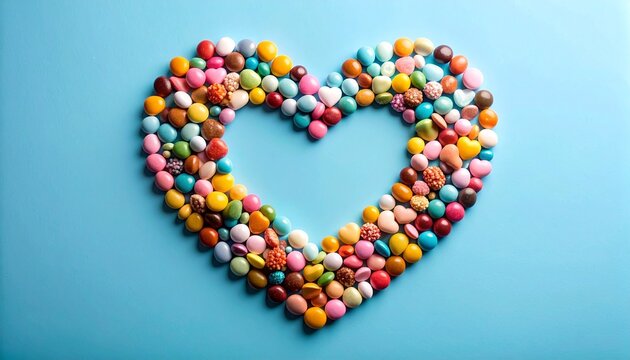 colorful heart shaped candy on blue background