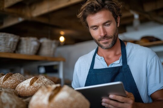 A skilled baker examines his tablet amidst fresh artisan bread, showcasing a perfect blend of technology and traditional craftsmanship in a bakery setting. - Powered by Adobe