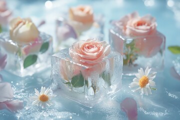 Frozen roses encased in ice cubes, surrounded by petals and daisies