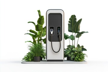 Sleek EV charging station amidst lush greenery