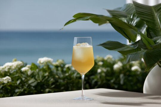refreshing cocktail named sunny day placed elegantly on table surrounded by lush greenery with sparkling sea in