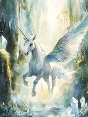 Elegant watercolor image of a majestic white winged unicorn soaring through a magical forest scene