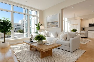 Fototapeta premium Modern Living Room with Natural Light and Cozy Decor Featuring a Comfortable Sofa Wooden Coff