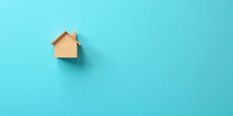 A small wooden house model sits on a vibrant blue background, symbolizing new beginnings, homeownership dreams, and the simple joys of domestic life.