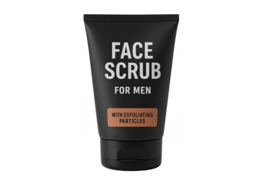 Black plastic tube of face scrub for men with exfoliating particles on transparent background