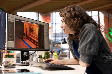 Fototapeta na wymiar Young woman uses an AI powered assistant for game development, futuristic gaming software. Program processes commands and generates spatial designs using machine learning techniques.