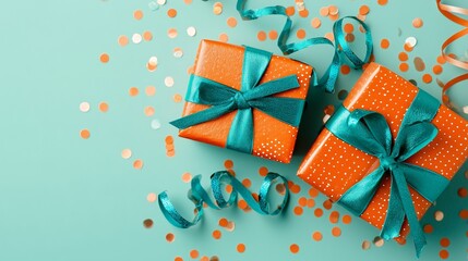 Bold orange and teal boxes with scattered confetti pop over mint green, creating vibrant contrast and space for modern party design elements.