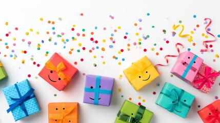 Brightly wrapped gifts with rainbow streamers and confetti set on a clean white background with room left for greeting card text or design elements