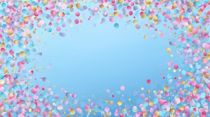 Minimal multicolor confetti sprinkled across tranquil blue background with a clean center focus