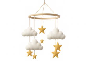 Baby mobile with clouds and stars hanging on transparent background